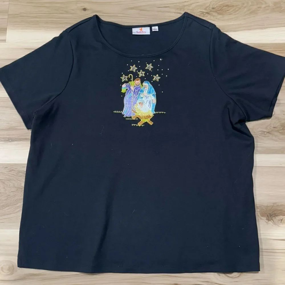 Quacker Factory Nativity Christian Sequin Short Sleeve Shirt Women’s XXL